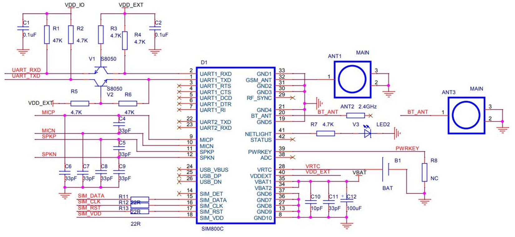 Schematic of the SIM7020 module chip