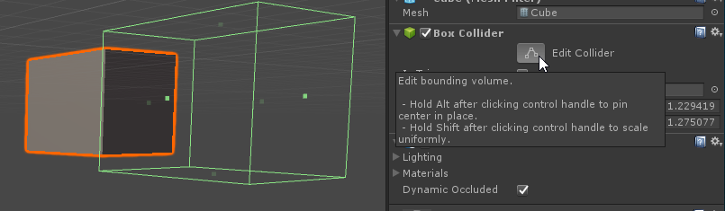 Screenshot of using the Edit Collider button on a BoxCollider in Unity