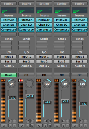 Redundant effect definitions in five vocal channel strips