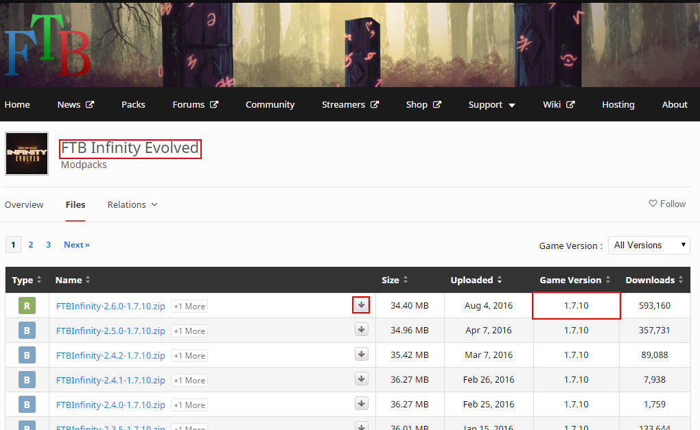 FTB Infinity Evolved download page