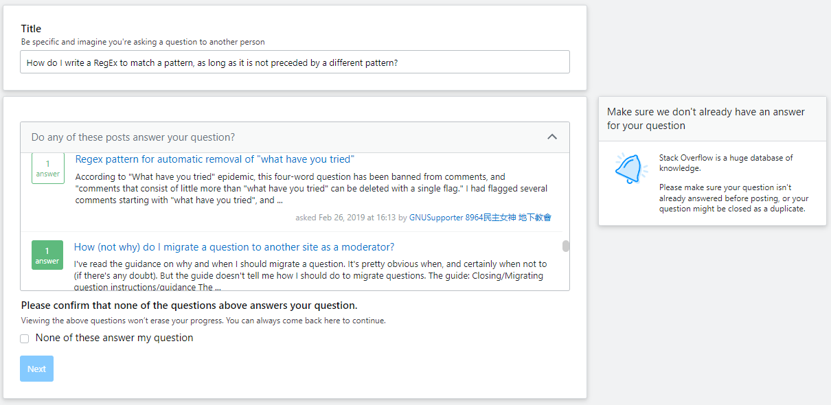 Screenshot of the duplicate detection stage. Summarize the problem by expanding on what you put in the title. Sidebar guidance: Stack Overflow is a huge database of knowledge. Please make sure your question isn't already answered before posting, or your question might be closed as a duplicate.