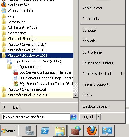 start menu with SSMS