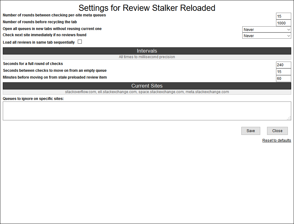 RSR Settings dialog for 1.8.25