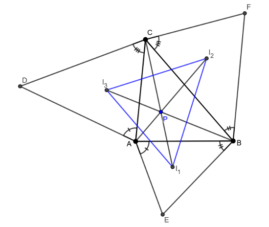 Three triangles constructed on the sides of ABC, as in the post body