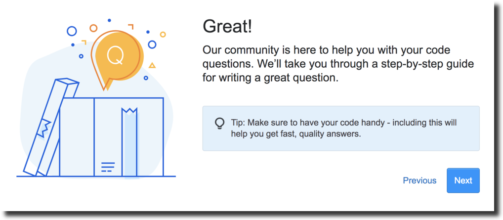 "Great!" screen which contains for text including "Make sure to have your code handy"