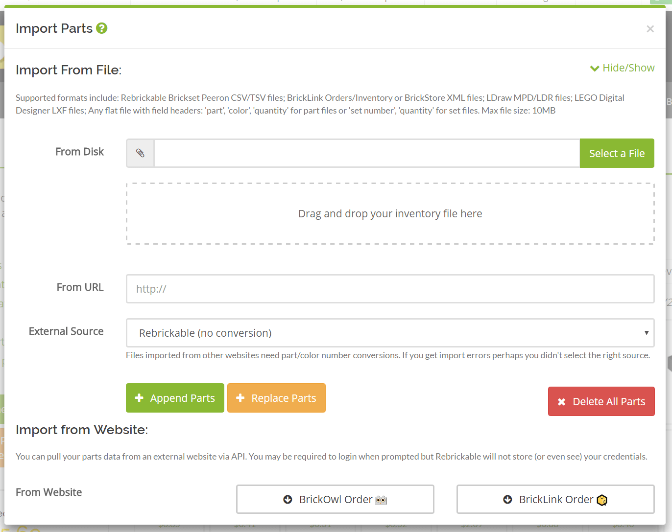 Import Parts from File or Website