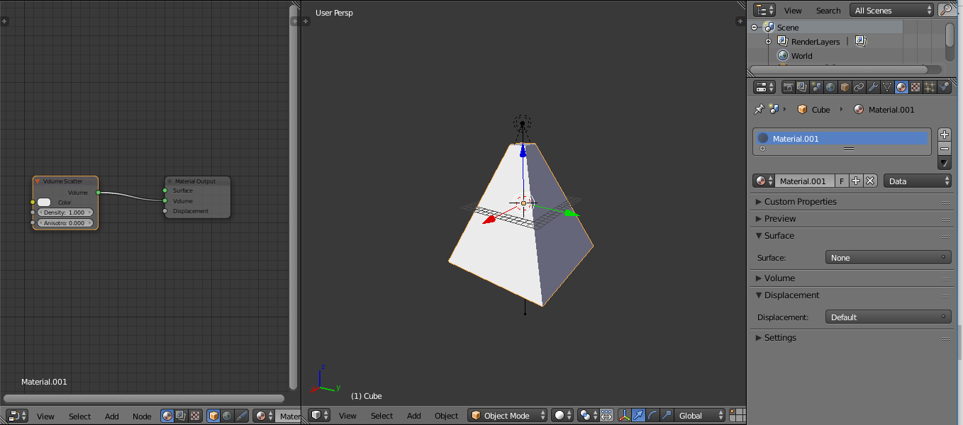 volume output on volume scatter node is connected to volume input on material output node