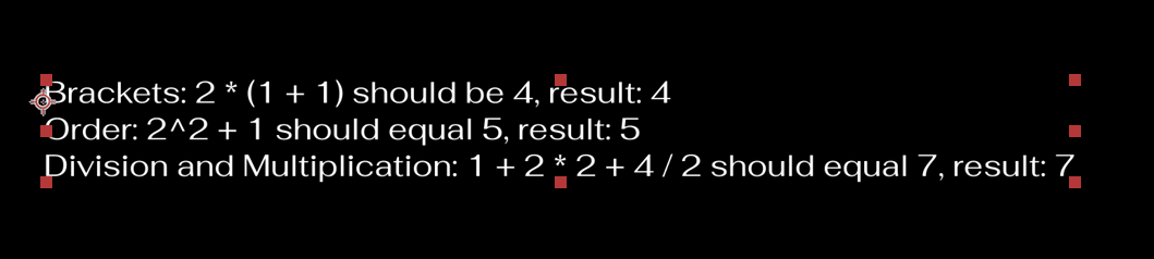 result of entering the expression in a text layer, showing correct results for BODMAS