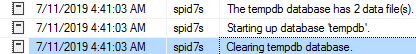 screenshot of error log messages showing tempdb starting up at 04:41:03