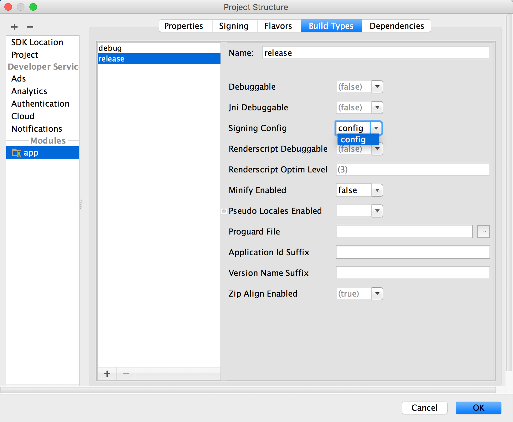 Selección de una configuración de firma en Android Studio.