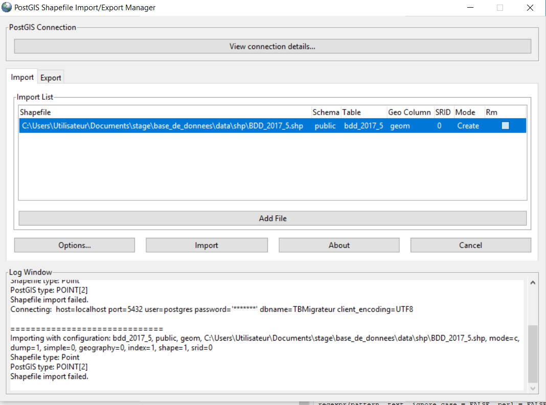 PostGis Shapefile Import/Export Manager message