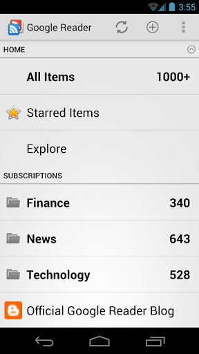 Main screen of Google Reader App