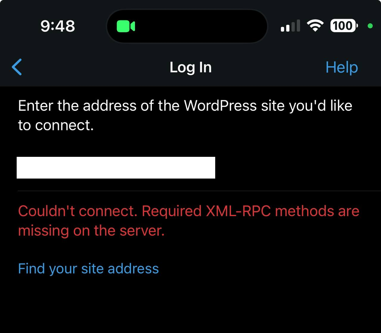 an error message that says "Couldn't connect. Required XML-RPC methods are missing on the server.