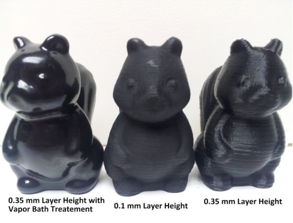 Left to right: Smoothed 0.35 mm print, 0.1 mm print unsmoothed, 0.35 mm print unsmoothed