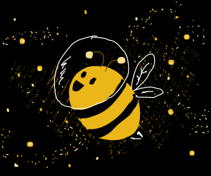 Digitally drawn cartoonish image of a smiling bee with a space helmet and transparent wings. The background is black with small white and yellow dots as well as some larger yellow dots. The yellow dots may either be stars or pollen.