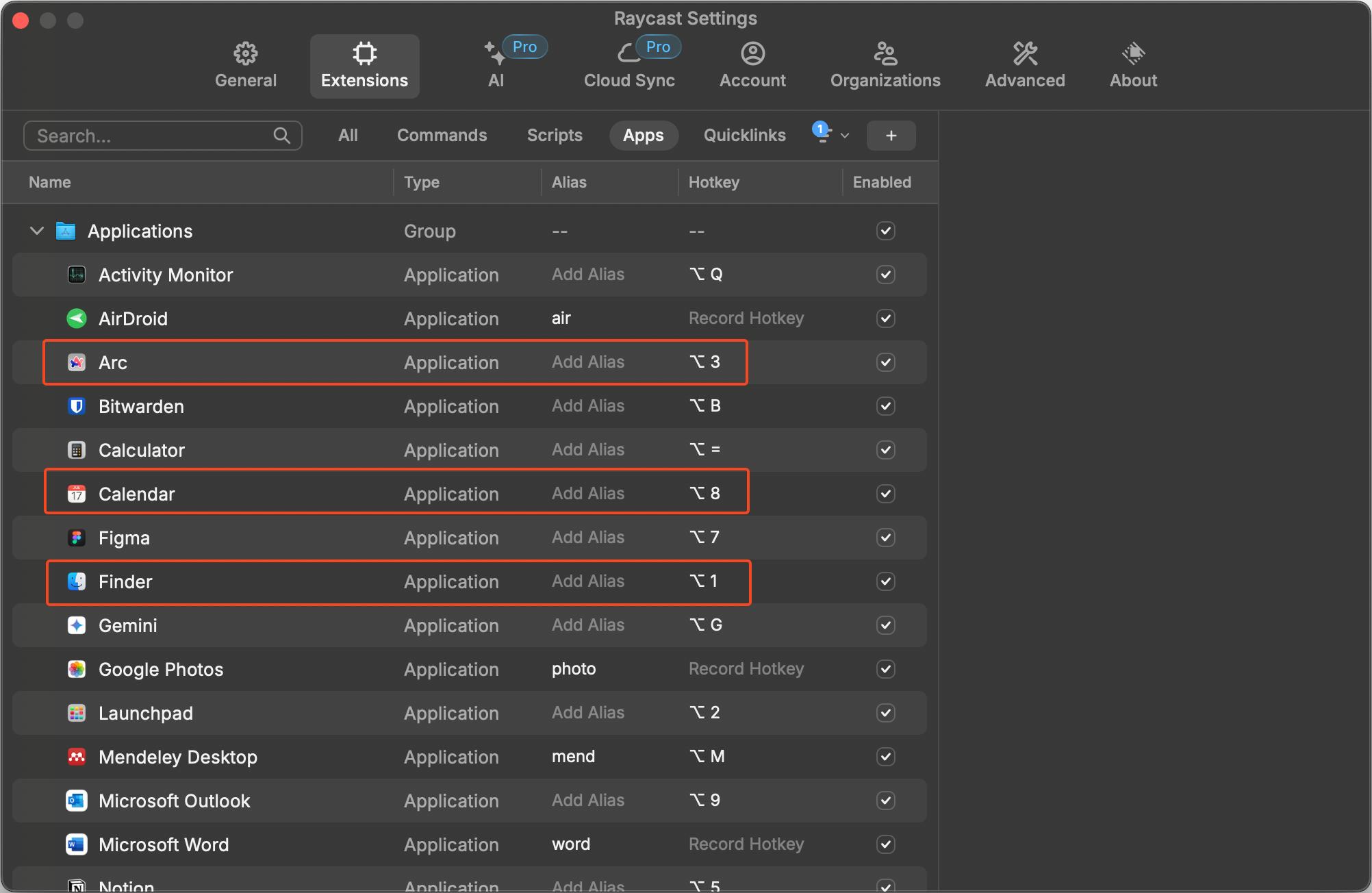 Raycast settings