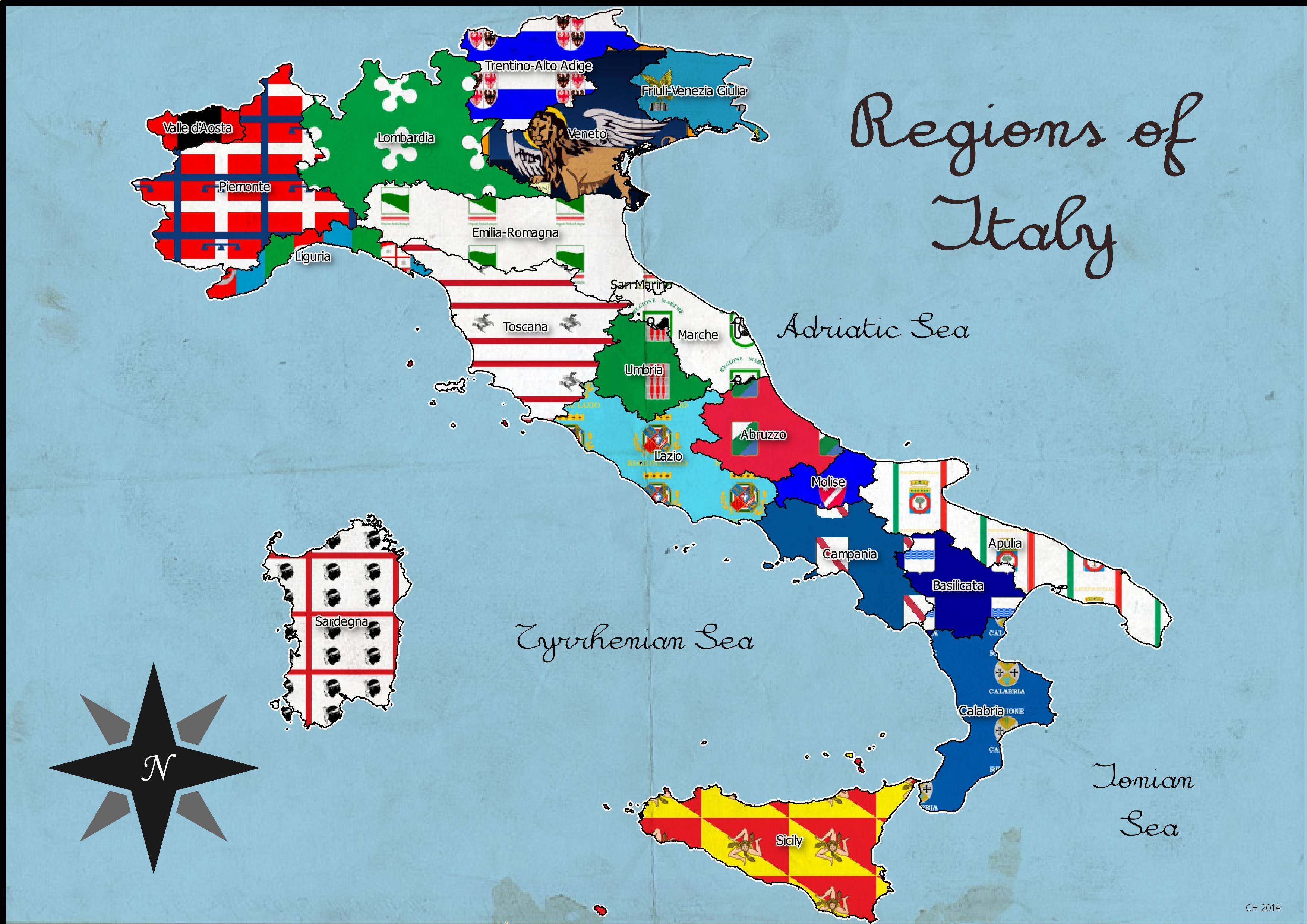 map showing each region in Italy painted with their flag