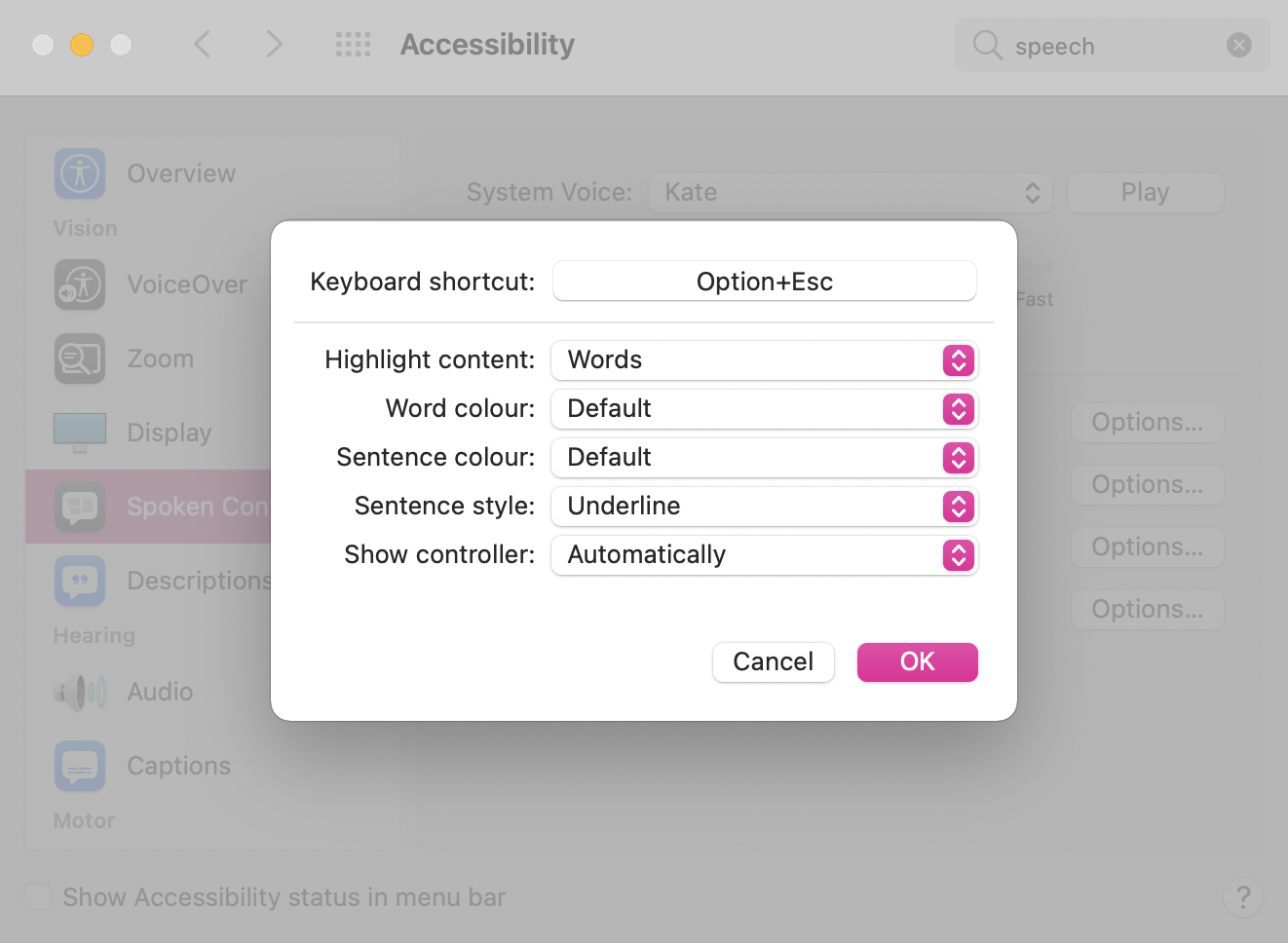 Choose the shortcut and options of the Speak selection