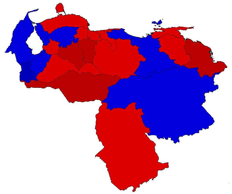 Red for Maduro's supporters and the rest is opposition. As you can see, the division of political's view is very big, electorally speaking.