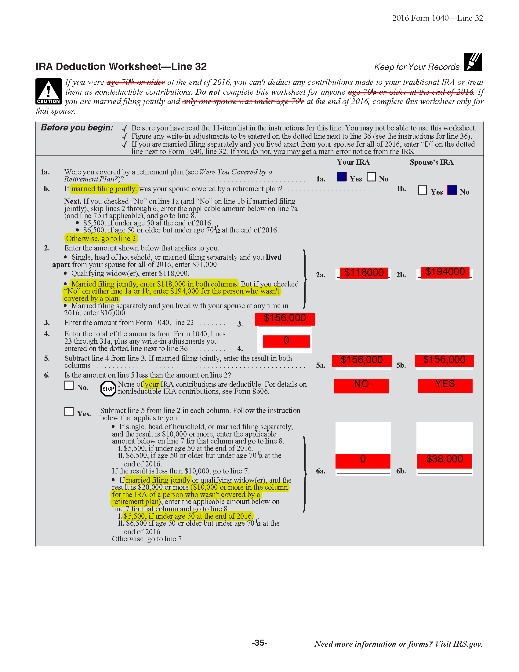 IRA Deduction Worksheet Line 32