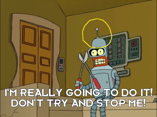 Image of the robot Bender from Futurama about to chop off the antennae on the top of his head