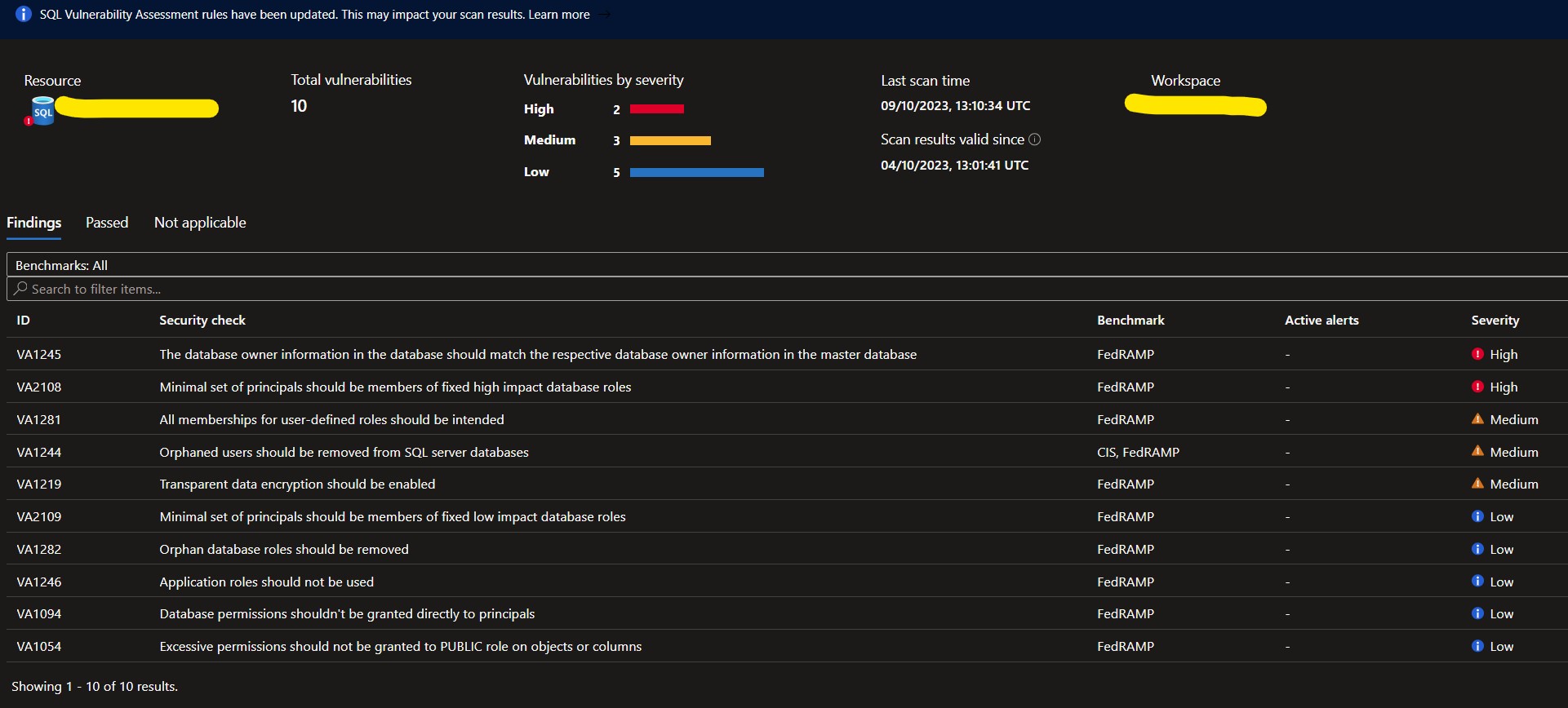 Azure vulnerabilities screenshot