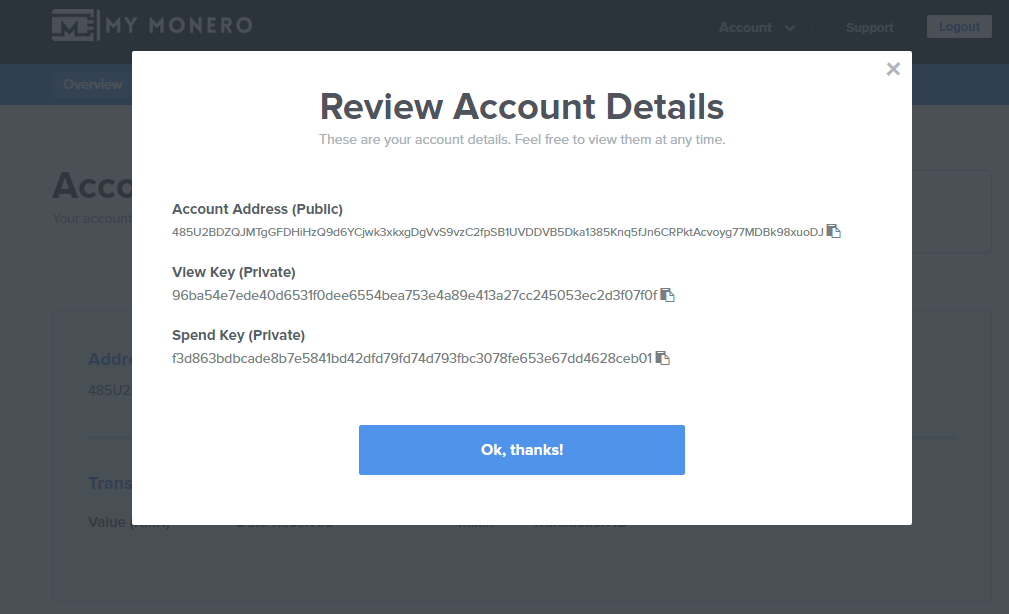 MyMonero account details