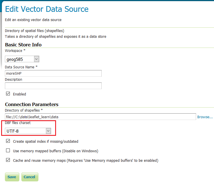 Figure 1: setting the correct dbf encoding for the data store