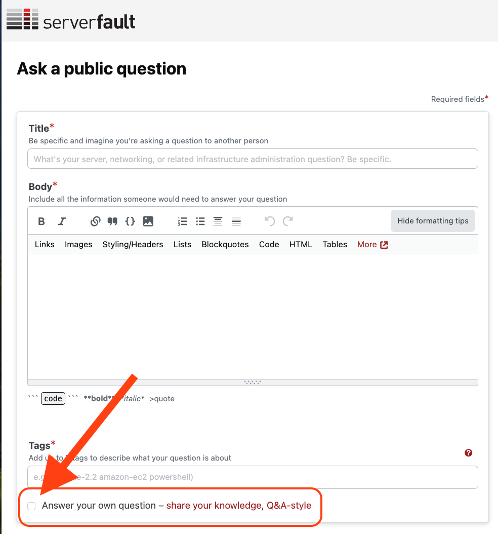 screenshot of ask question form