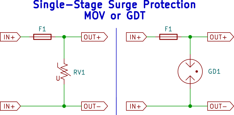 Single-Stage Surge Protection Circuit - Metal-Oxide Varistor or Gas Discharge Tube, in parallel with the power lines