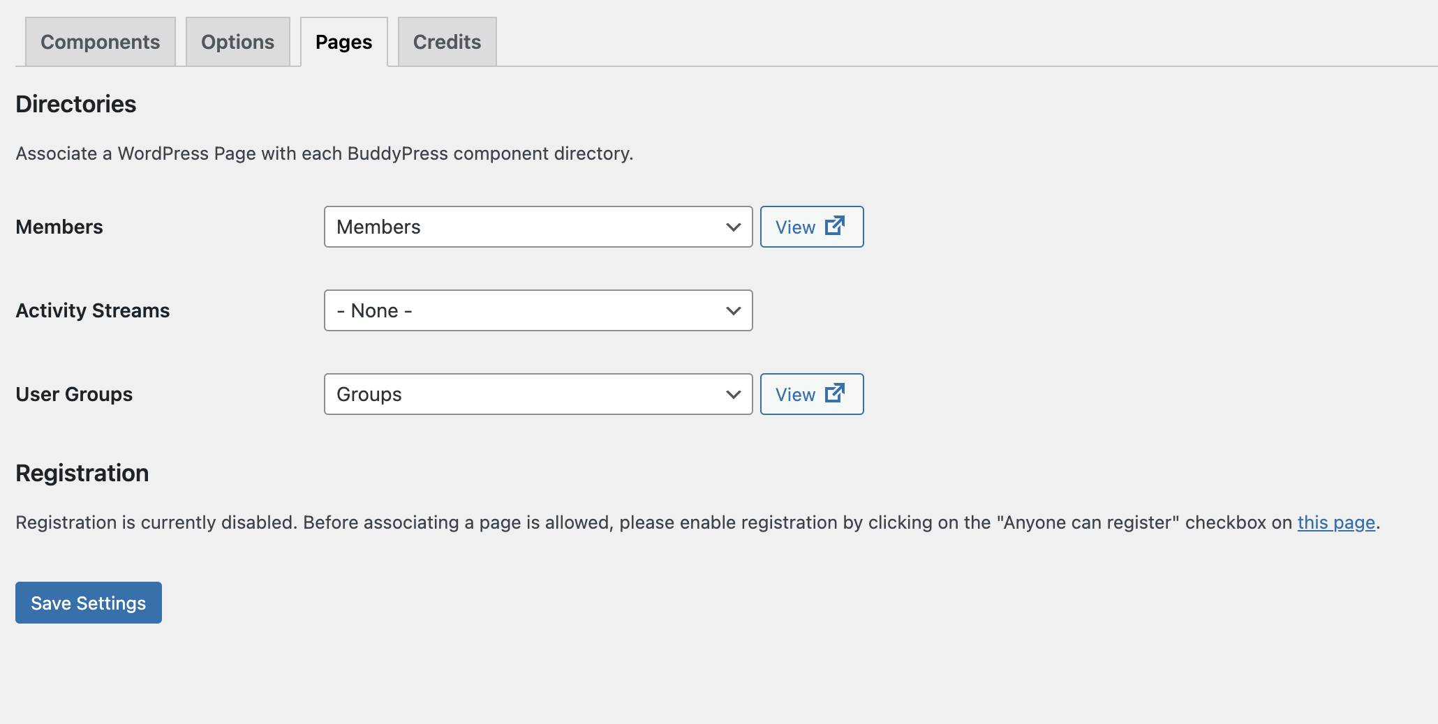 Pages Configuration Settings in Buddypress