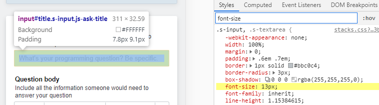 screenshot of stack overflow's Ask Question form on mobile view with Chrome DevTools