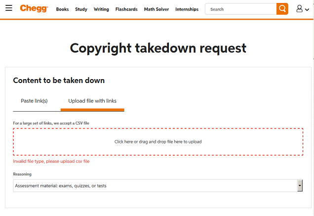 Chegg takedown request file upload failure