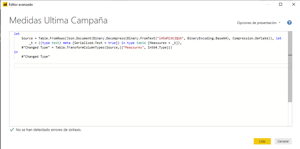 Código Power Query para tabla "Medidas Ultima Campaña"