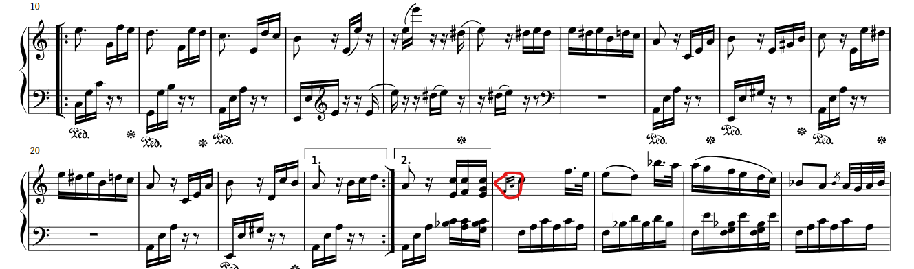 Excerpt of Für Elise in Notiflight. Immediately after a second volta repeat, there is a two 16th note appoggiatura (circled)