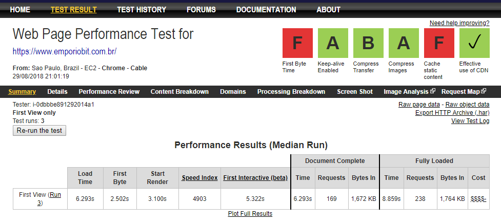 Report site webpagetest