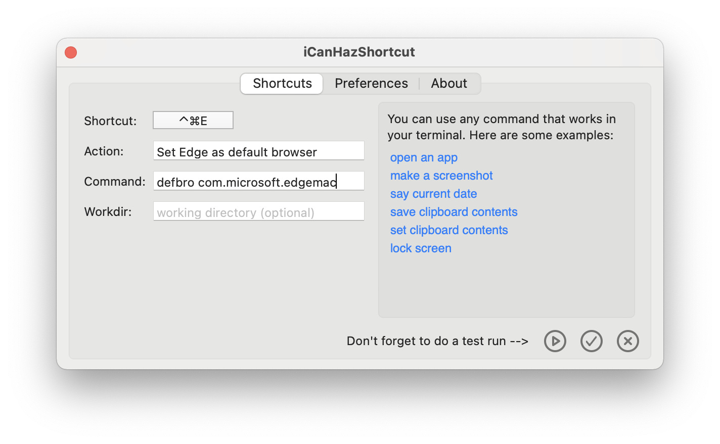 screenshot showing how to configure a keyboard shortcut for setting default browser to Edge