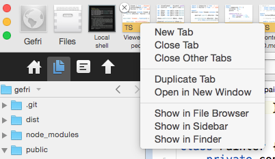 A code editor showing a 'show in sidebar' option for an open file