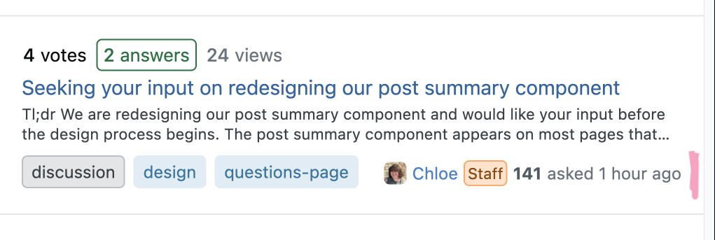 Post summary with tags and activity summary (1 hour ago) on the same line