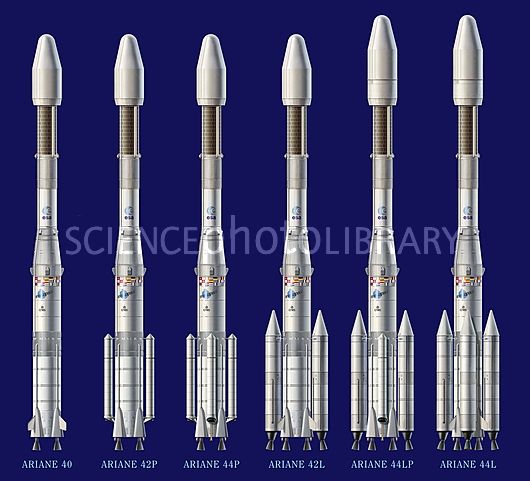 Ariane 4 with fins on the 40, 42L and 44L variants, no fins on the 42P and 44LP variants