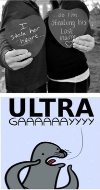 Two images: Statement: "I stole her heart, so I'm stealing his last name" Response: "ultra gaaaaaayyyy"