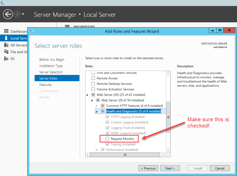 The image shows the Request Monitor option in the Add Roles Wizard