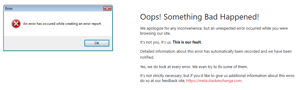 Image showing the header "Oops! Something Bad Happened!" and that it's an error on Stack Exchanges side.