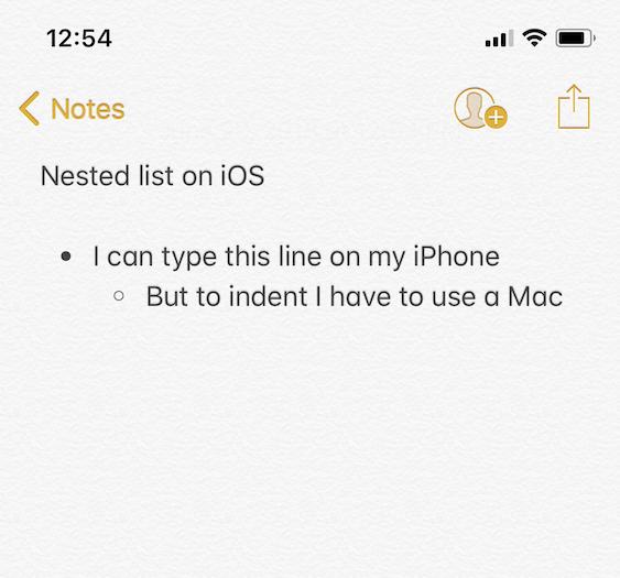 Nested list in Notes for iPhone