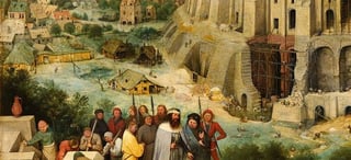 A corner of Bruegel's Tower of Babel artwork, showing a group of people clustered together, with the foot of the Tower in the background