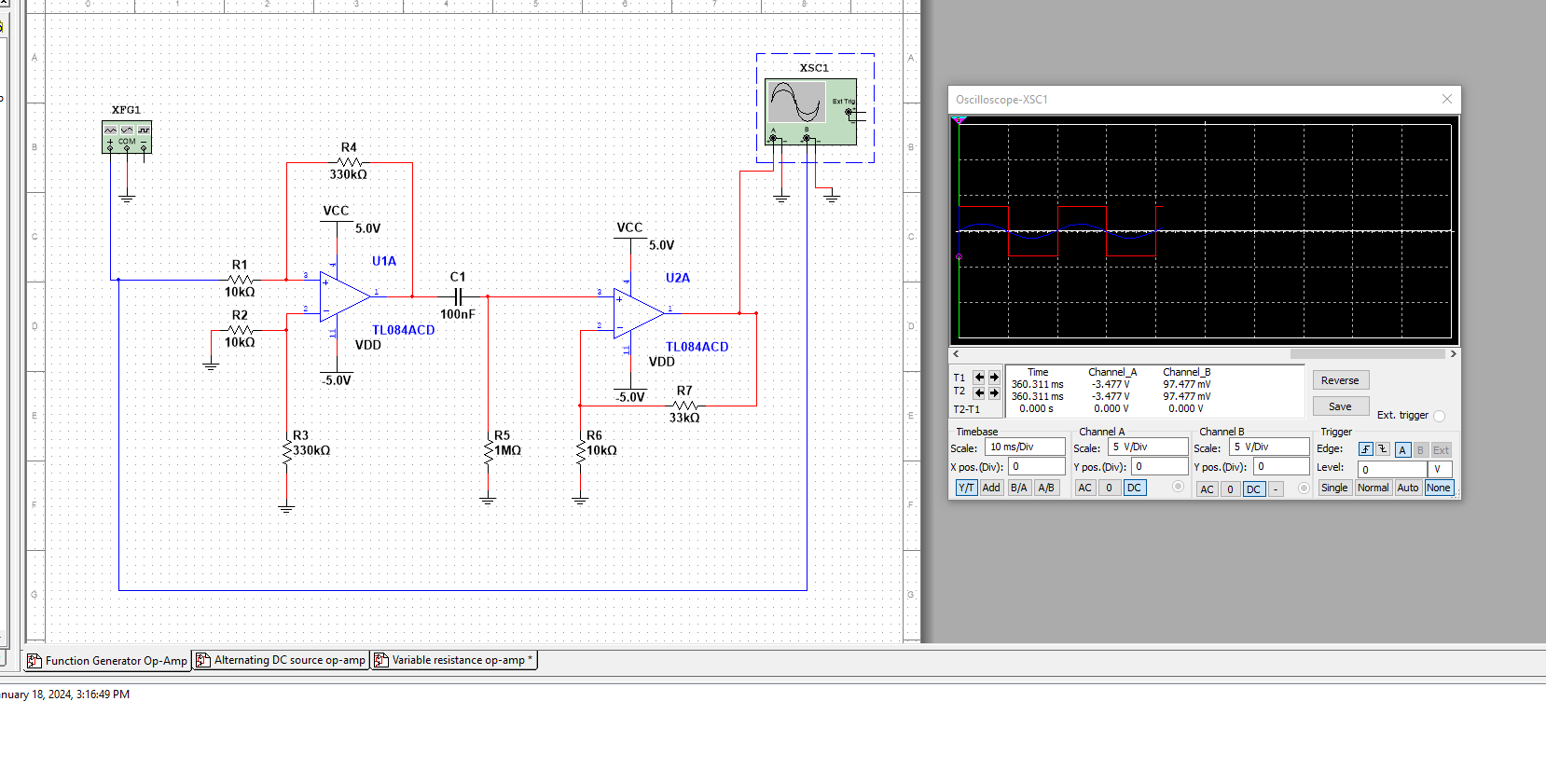 Multisim simulation. Blue is input, red is output