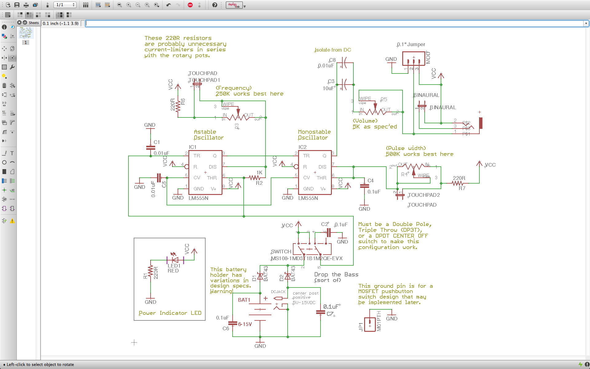 Eagle schematic of enhanced Atari Punk Console - showing sleeve (and ring) connected to +V