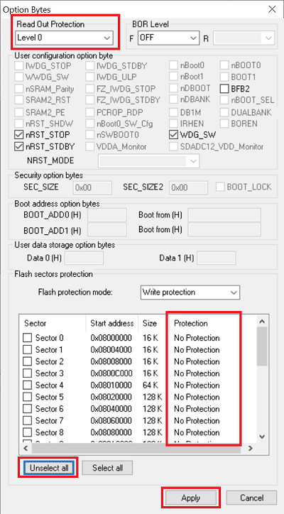 Read/Write protection in ST-Link utility