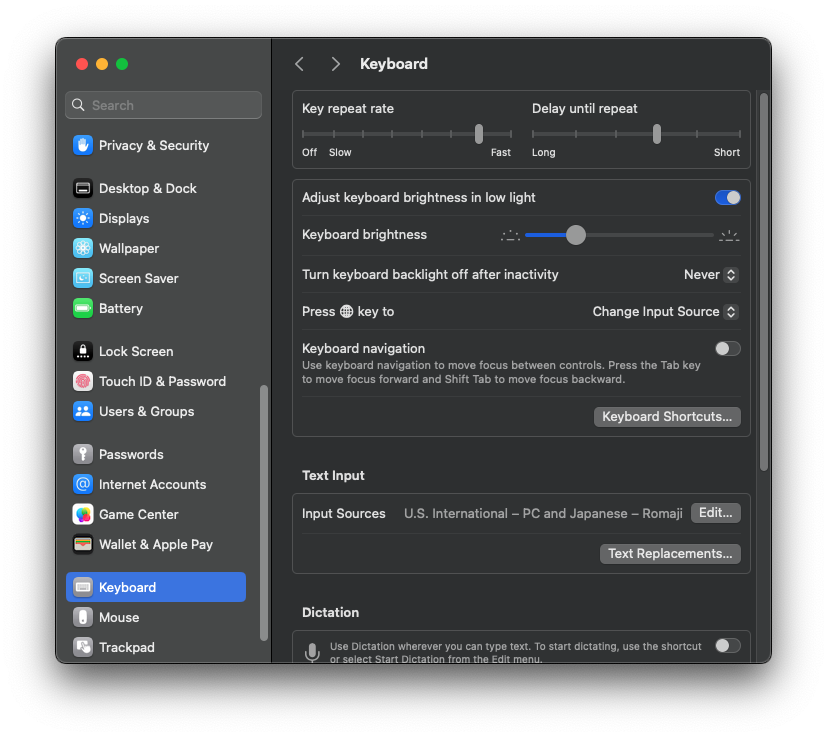 Keyboard settings in System Settings