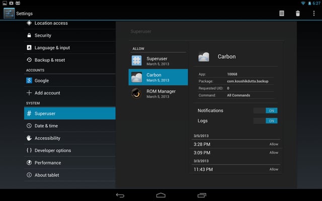 Screenshot of the built-in superuser in the Cyanogenmod settings